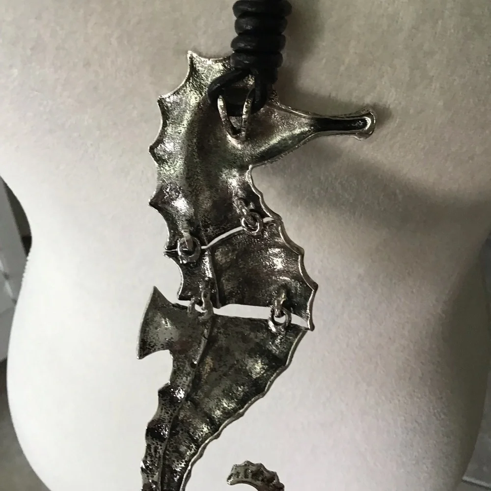 Seahorse Statement Necklace Black Cord Rhinestone Eye Reticulated Florida Beach